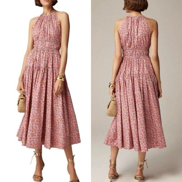 J.CREW Liberty Dress Women Medium Tie-Waist Halter NEW Ellie Pink Floral CA089 - Picture 1 of 16